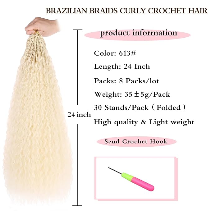 Xtrend 24 Inch Pre looped Brazilian Braids Curly Crochet Hair 8 Packs Water Wave Crochet Hair Afro Kinky Curly Blond Braiding Hair Deep Wave Synthetic Mini Boho Braids For Women(30 Strands/Pack，613#)