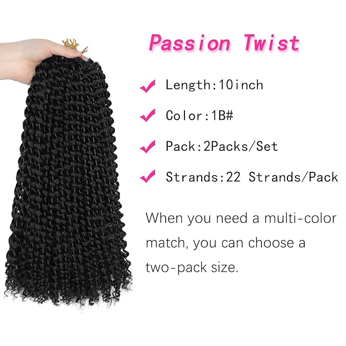 Ubeleco 10 Inch Passion Twist Hair, Black Water Wave Crochet Hair Short Passion Twist Crochet Hair For Women 22 Strands/Pack Passion Twists Curly Braiding Hair Extensions (10 Inch (Pack of 2),1B)