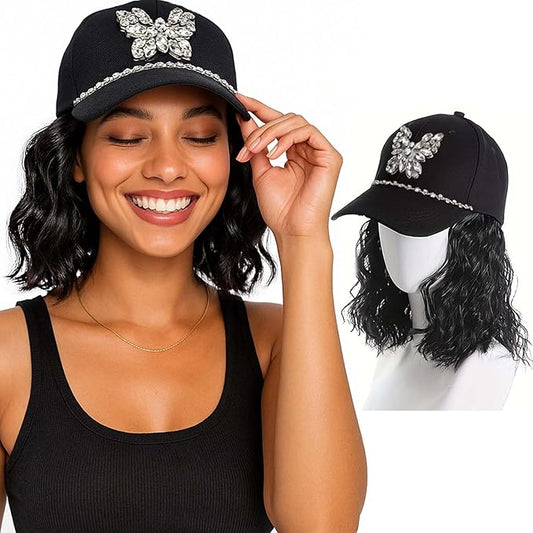 8-Inch Wavy Synthetic Hat Wig, Black Short Bob Wig for Women Ago, Baseball Cap with Hair Attached