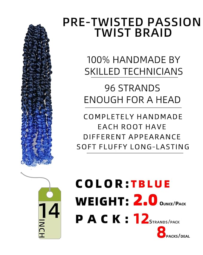 crochet twists pre looped-14 Inches 8 Packs Passion Twist Crochet Hair for Black Women and Kids-Omber Blue,Soft Lightweight Hair Extension(14"-8 Packs,T1B/Blue)