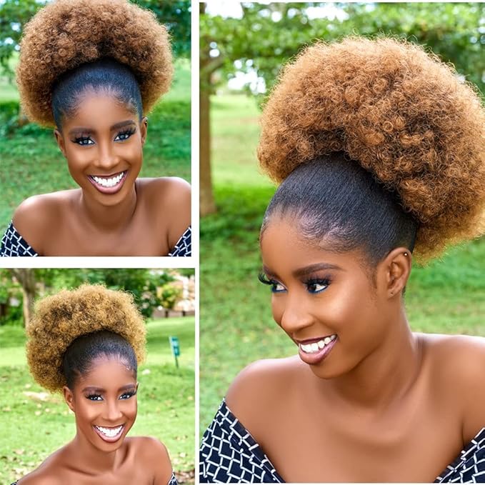 Afro Puff Drawstring Ponytail with Bangs ponytail extension for black women Short Curly Clip in Wrap Updo Hairpiece(T27) (No bangs, T27#)