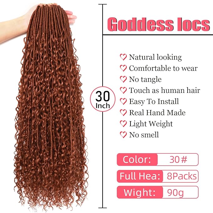 Goddess Locs Crochet Hair-30 Inch 8 Packs Boho Faux Locs Crochet Hair for Black Women Pre Looped Soft Locs with Curly Ends (#30, 30 Inch(Pack of 8))