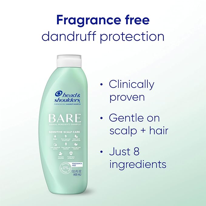 Head & Shoulders Anti-Dandruff Shampoo, BARE Sensitive Scalp Care Twin Pack, with 1% Pyrithione Zinc, Fragrance-Free, Free of Sulfates, Silicones, Gentle, 13.5 fl oz Each
