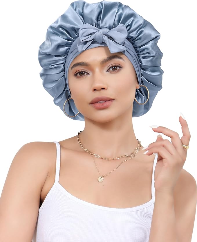 Silk Bonnet for Sleeping 100% Mulberry Women Double Layer Sleep Cap with Adjustable Elastic Band Silk Hair Wrap