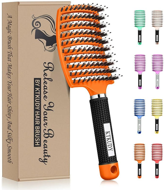 KTKUDY Detangling Brush Boar Bristles Hair Brush Make Hair Shiny & Healthier Curved and Vented Detangler Brush for Women Men Kids Wet and Dry Hair (Orange)