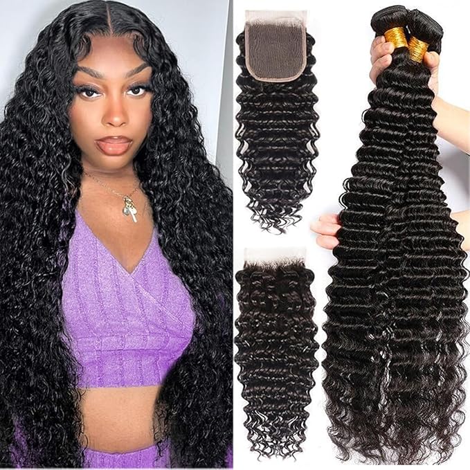 Human Hair Bundles with Closure (20 22 24+18 Closure) Deep Wave Bundles with Closure 100% Unprocessed Brazilian Virgin Curly Closure with Bundles Human Hair Weave with 4x4 Lace Closure Natural Color