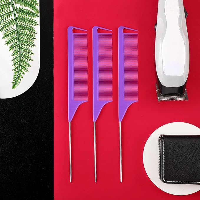 Patelai 30 Pieces Rat Tail Combs Bulk, Hair Teasing Fine Tooth Pintail Combs Braiding Hair Styling Tools with Steel Pin for Stylists Salon Teasing Sectioning Coloring Detangling(Purple)
