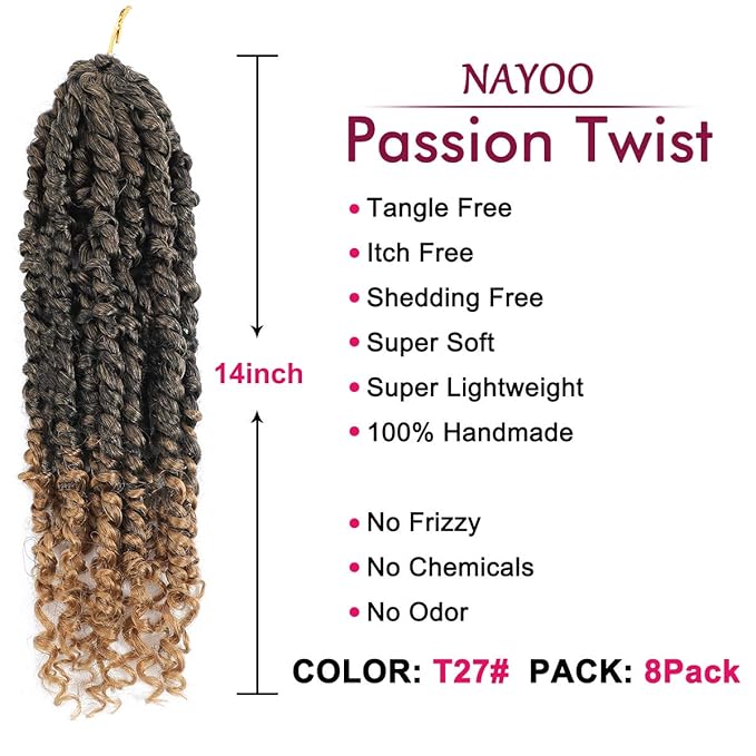 Passion Twist Hair - 8 Packs 14 Inch Passion Twist Crochet Hair For Women, Crochet Pretwisted Curly Hair Passion Twists Synthetic Braiding Hair Extensions (14 Inch 8 Packs, T27)