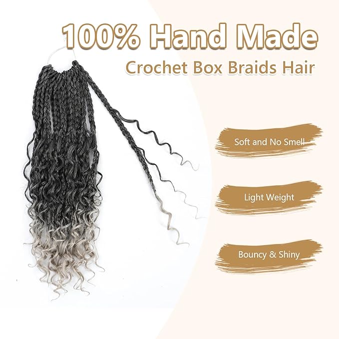 8 Packs Crochet Box Braids- Boho Box Braids Crochet Braids Hair Bohomian Box Braid Crochet Hair Synthetic Braiding Hair 14 Inch Goddess Box Braids Crochet Hair for Black Women (1B/Silver)