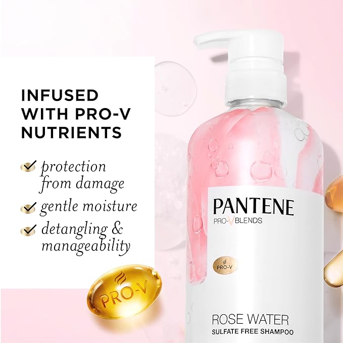 Pantene Sulfate Free Rose Water Shampoo, Soothes, Replenishes Hydration, Safe for Color Treated Hair, Nutrient Infused with Vitamin B5 and Antioxidants, Pro-V Blends, 30.0 oz