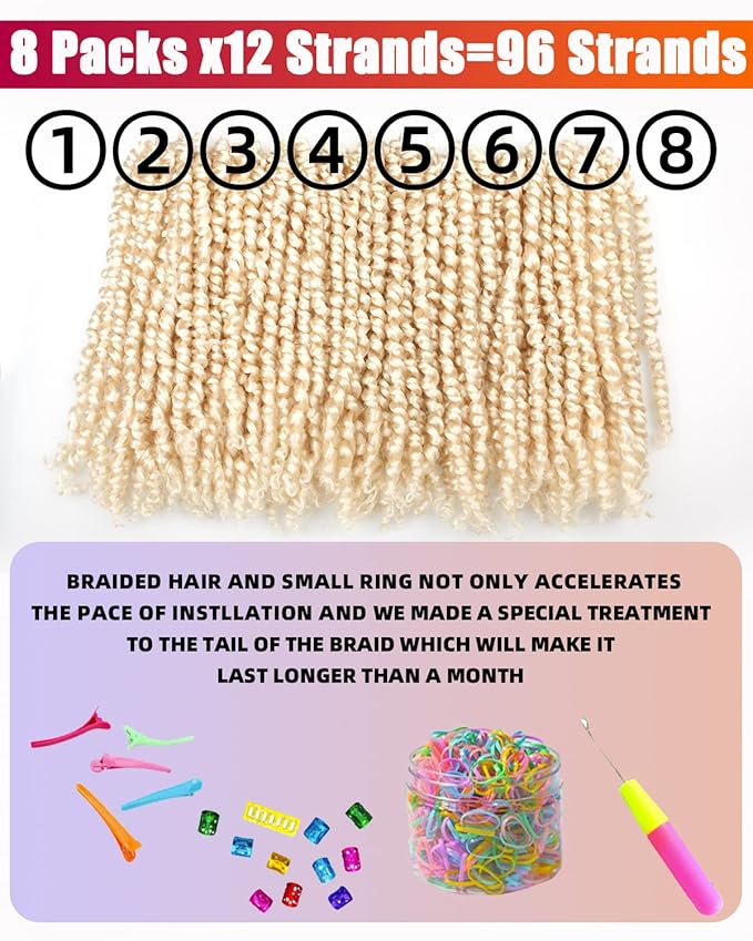 10 Inches 8 Packs Pre Looped Pretwisted Passion Twist Crochet Hair,Blonde Off-white,Soft Hair Extensions Braided by Synthetic Spring Kinky Twist Bohemian Curls(10"-8 Packs,613#)