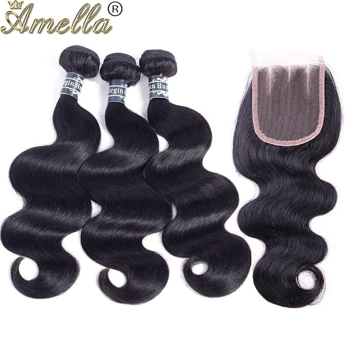 Amella Hair Brazilian Body Wave Virgin Hair 3 Bundles with Closure (12 14 16+12,Three Part) 8A Unprocessed Human Hair Bundles with Closure Wet and Wavy Hair Extensions