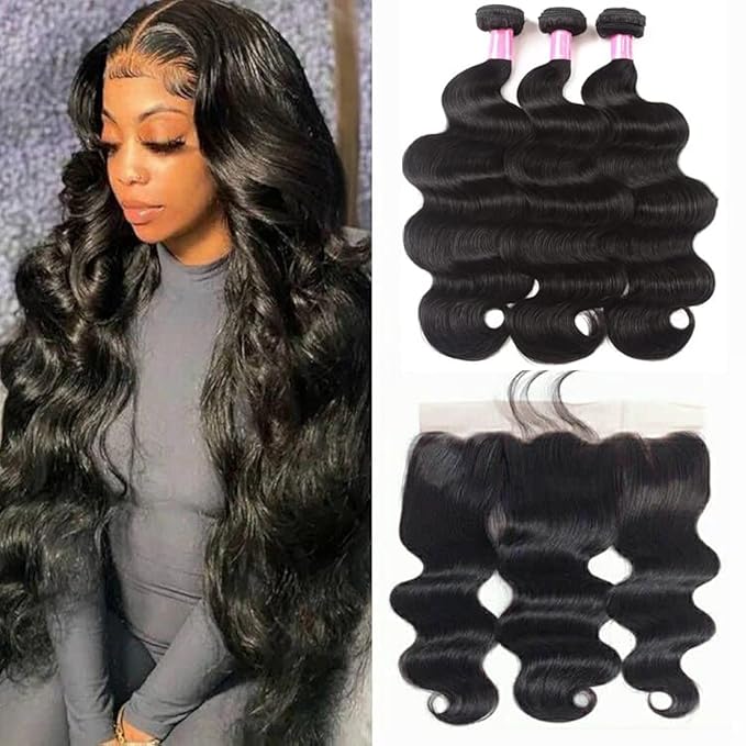 YISEA Body Wave Bundles with Lace Frontal (14 16 18+12 Frontal) Human Hair 3 Bundles with 13x4 Lace Closure Frontal 100% Unprocessed Braziian Virgin Human Hair