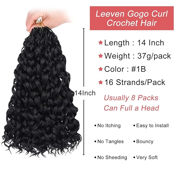 Leeven Gogo Curl Crochet Hair 14 Inch 8 Packs Black Ocean Wave Crochet Hair Pre Looped Deep Twist Goddess Box Braids Curly Water Wave Synthetic Braiding Hair for Women Girl Kids