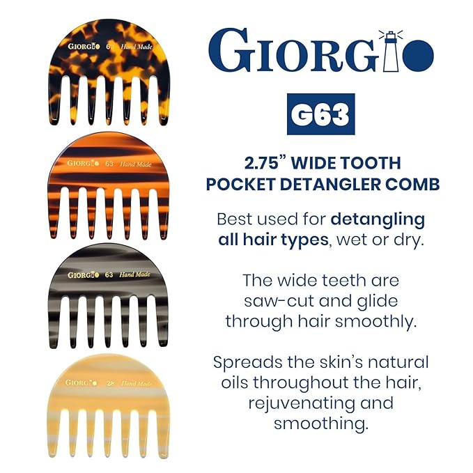 Giorgio G63 Graphite Detangling Comb for Women - Wide Tooth, Pocket and Travel Size for Thick Hair, Wet or Dry Everyday hair care. Handmade, Saw-Cut, and Polished Wide Tooth comb for women.