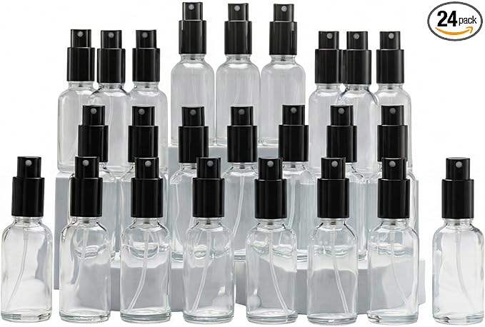 YIZHAO Clear Glass Spray Bottles 1oz, with Small Fine Mist Spray, Metal Cap, Refillable for Essential Oil,Travel,Cleaning,Perfume,Aromatherapy,Makeup – 24 Pcs