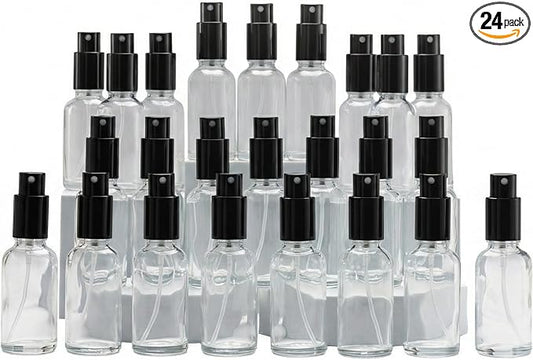 YIZHAO Clear Glass Spray Bottles 1oz, with Small Fine Mist Spray, Metal Cap, Refillable for Essential Oil,Travel,Cleaning,Perfume,Aromatherapy,Makeup – 24 Pcs