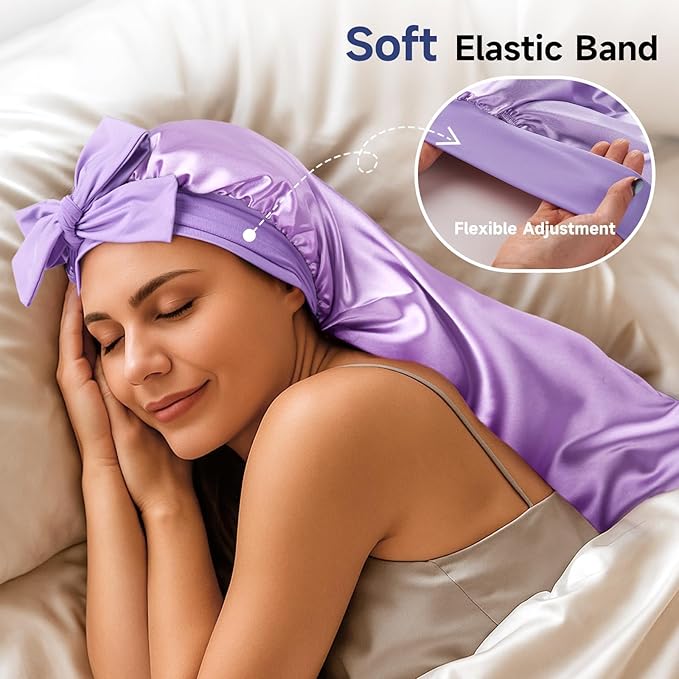 Umisleep Silk Bonnet for Sleeping Women, 22 Momme Mulberry Real Silk, Long Hair Bonnet for Braids & Curls to Reduce Frizz, Double Layer Hair Wrap with Soft Adjustable Tie Band, Purple