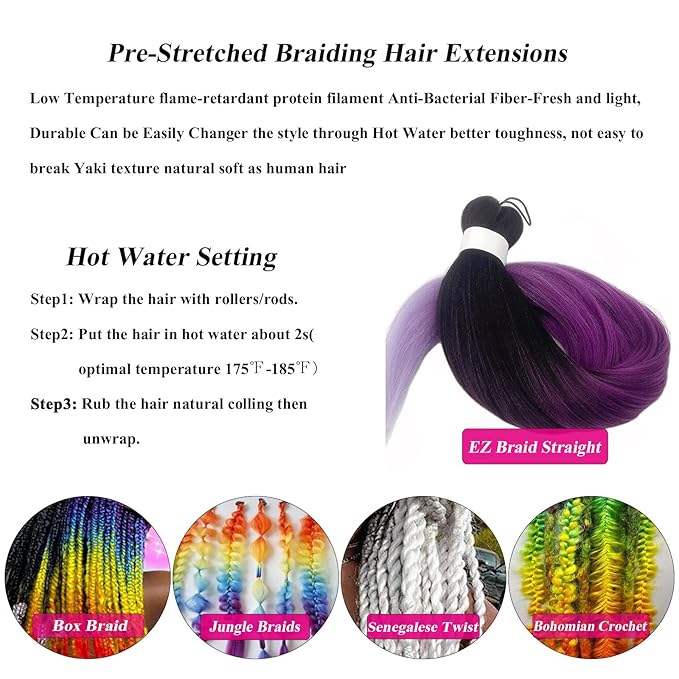 Purple Ombre Braiding Hair Pre Stretched Colored Hair Extensions for Braiding Micro Box Braids Prestretched Pre Stretched Braids Hair Ombre 26 inch 3 Packs