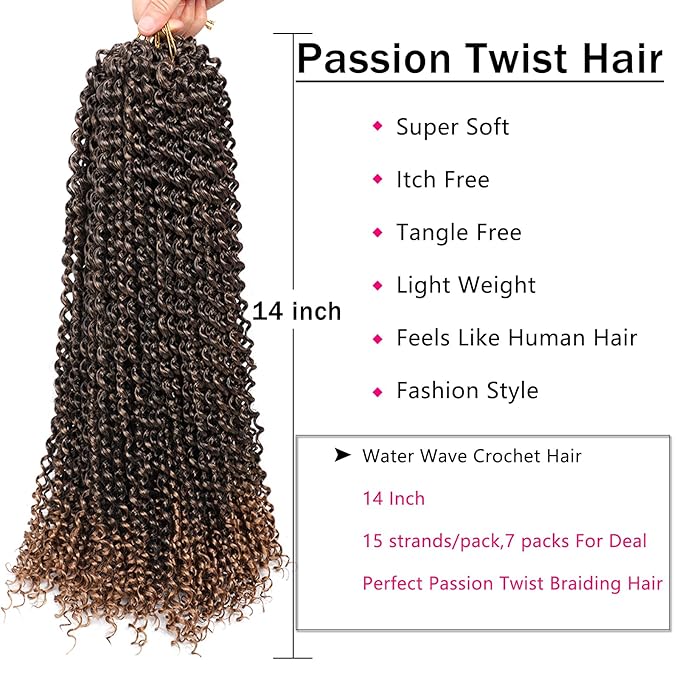 Passion Twist Hair,14 Inch Passion Twist Braiding Hair,7 Packs Water Wave Crochet Hair For Wrapping Passion Twists/Butterfly Locs/Spring Twist Crochet Braids Boho Crochet Hair(14 Inch,1B/27#)