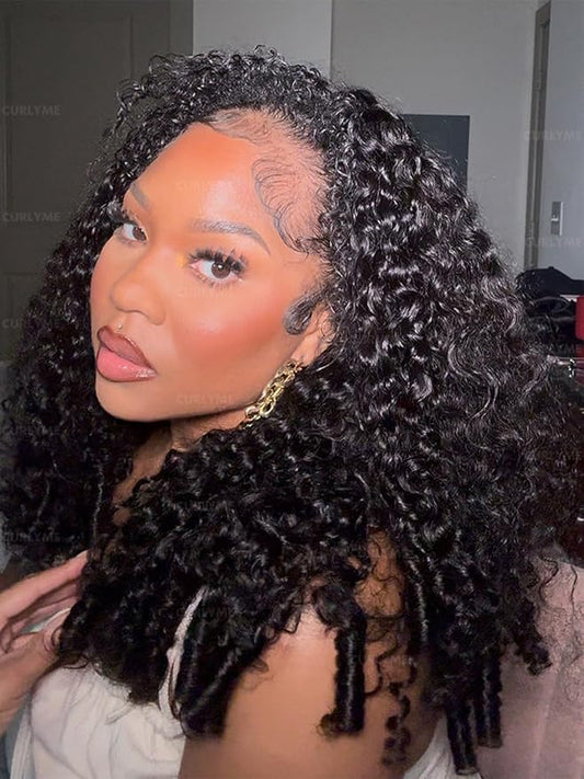 Curlyme Burmese Curly Half Wig Human Hair Flip Over Half Wigs Glueless Wear and Go Invisible Hairline 3 In 1 Seamless Burmese Curly Wig Drawstring Headband Wig for Women 20 Inch