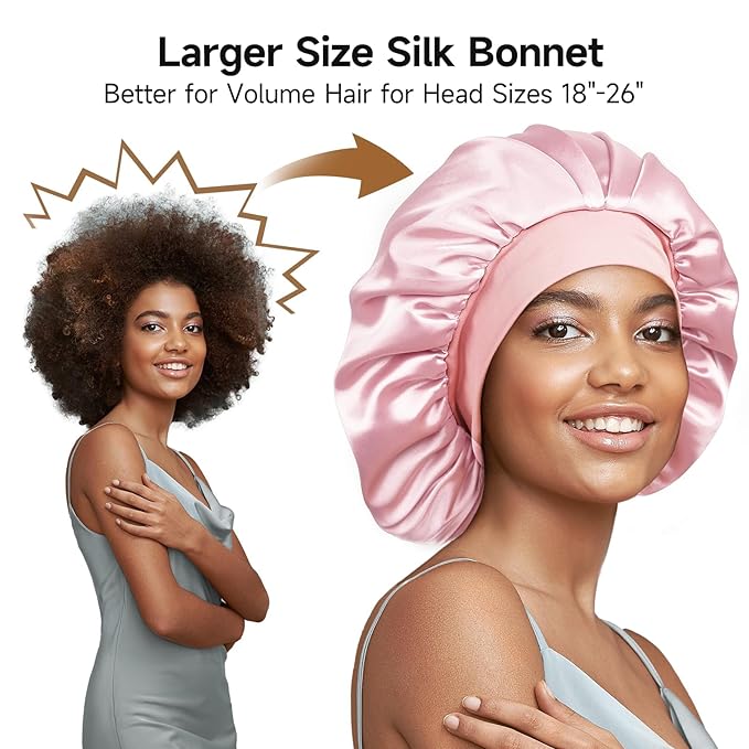 22 Momme 100% Real Mulberry Silk Bonnet for Sleeping Women, Large Hair Care Bonnet for Long Curly Hair, Double Layer Silk Hair Wrap with Soft Elastic Band, Non-Slip Sleep Cap, Light Pink
