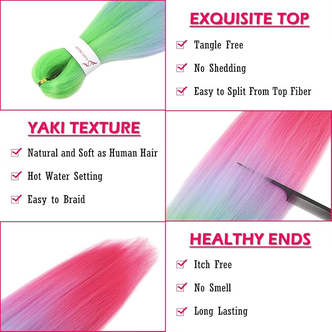 Dorsanee 3 Tone Braiding Hair Pre Stretched 24 Inch 3 Packs Braiding Hair Extensions for Box Braids Twists Locs Hair Soft Yaki Texture Hot Water Setting (#Light Green/Light Purple/Pink)