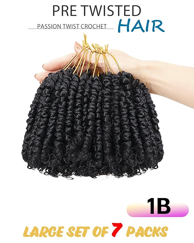4 Inch 7 Packs Super Short Passion Twist Crochet Hair for Black Women and Kids-Natural Black Pre Looped Pretwisted Soft Hair Extensions,Braided by Synthetic Spring Kinky Twist Bohemian Curl(4"-7P,1B#)