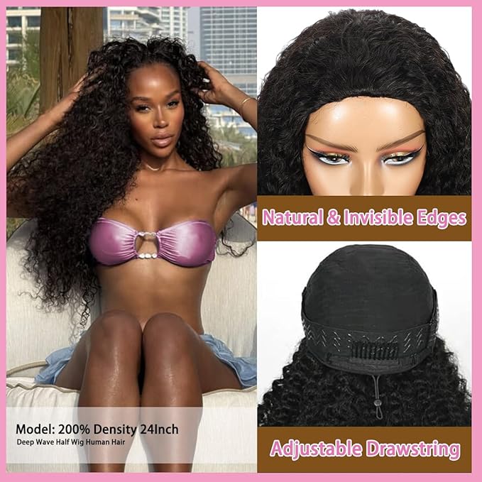 Deep Wave Human Hair Half Wig 200 Density Invisible Hairline 3 In 1 360 Drawstring Glueless Human Hair Wig Ready to Wear and Go Beginner Friendly Natural Color 18 Inch