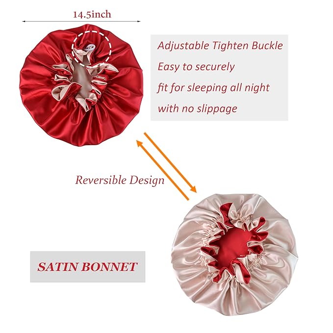 Silk Bonnet for Sleeping Satin Bonnets Double Layer Reversible Hair Cap Bonnet for Women Long Curly Braid Hair (Red)