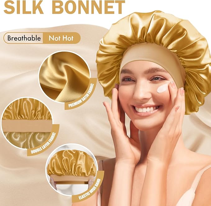 Satin Silk Bonnet for Sleeping, Double Layer Silk Sleep Cap for Men & Women, Soft Satin Lined Bonnet for Curly Hair