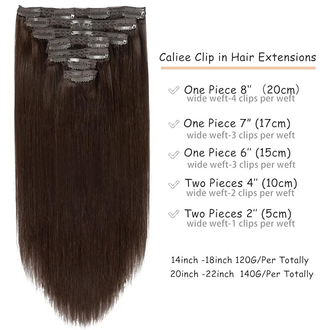 Caliee Clip in Hair Extensions Real Human Hair 14Inch Color 2A Light Dark Brown Double Weft Remy Hair Extensions Clip in Human Hair 7Pcs 120G Thick Long Soft Silky Straight