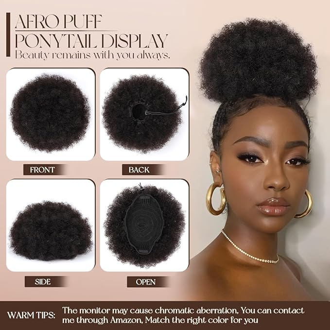 Afro Puff Ponytail for Black Women #1B Natural Black 4 Inch 4c Human Hair Durable Natural Soft and Smooth Kinky Curly Clip On Drawstring Ponytail