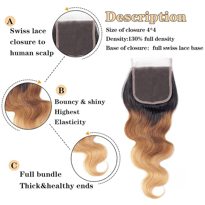 12A Ombre Bundles with Closure Human Hair (20 22 24+16") Brazilian Ombre Body Wave Human Hair Weave Bundles with Closure 100% Unprocessed Virgin Body Wave 3 Bundles with Lace Closure