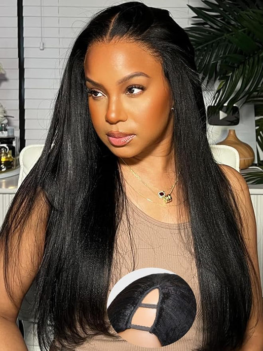 Julia Hair V Part Wig Human Hair Yaki Straight Glueless Wigs for Women 12A Briazilian Remy Hair Upgrade U Part Wig No Glue No Leave Out Beginner Friendly Natural Color 18 Inch Yaki Wig