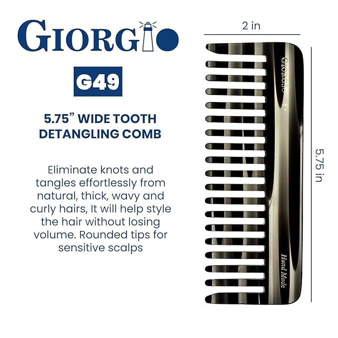 Giorgio G49 Graphite Large 5.75 Inch Hair Detangling Comb, Wide Teeth for Thick Curly Wavy Hair. Long Hairs Detangler Comb For Wet and Dry. Handmade of Quality Cellulose, Saw-Cut, Hand Polished