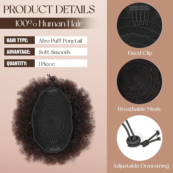 Afro Puff Drawstring Ponytail #02 Dark Brown 6 Inch 100% Human Hair Kinky Curly Durable Natural Soft and Smooth Clip On Drawstring Ponytail
