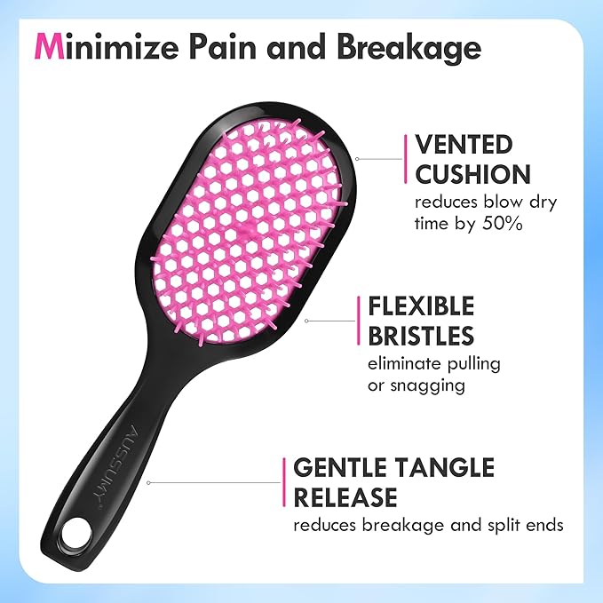 Vented Detangling Hair Brush - 2 Pack Detangler Hairbrush for Effortless Tangle Removal - Ultra-Soft Bristles -For Natural Curly Straight Wet Dry Damaged Hair for Women Men Kids - Black & Blue