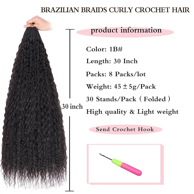 Xtrend Pre Looped Brazilian Micro Kinky Curly Crochet Hair 8 Packs 30 Inch Black Water Wave Micro Curly Braiding Hair Extensions Synthetic Deep Wave For Mini Senegalese Twist Hair (30Strands/Pack，1B#)