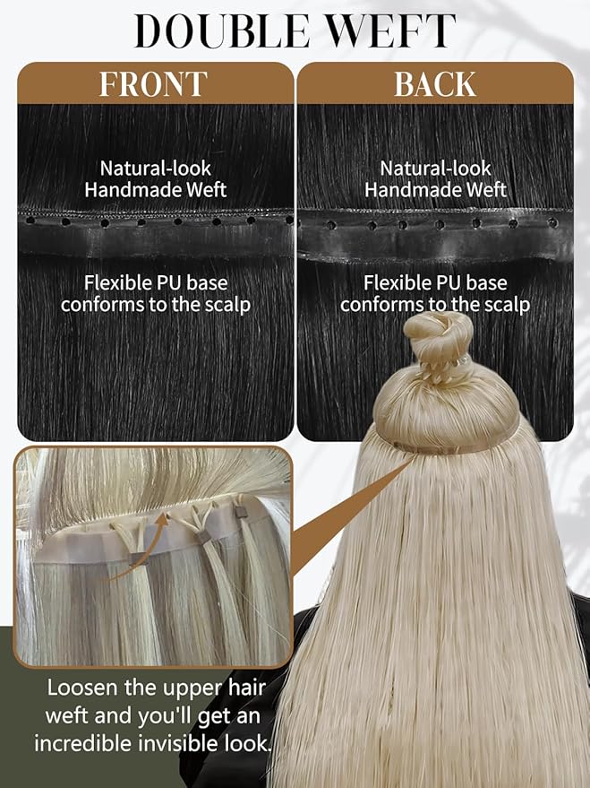 LOXXY Double Layered Butterfly Weft PU Hair Extension - 16 Inch 100g Invisible OVO Real Human Hair Extension - 1PCS Jet Black, No Glue Genius Weft Bead in Extensions Hair, Weft Width 31.5" (80cm)