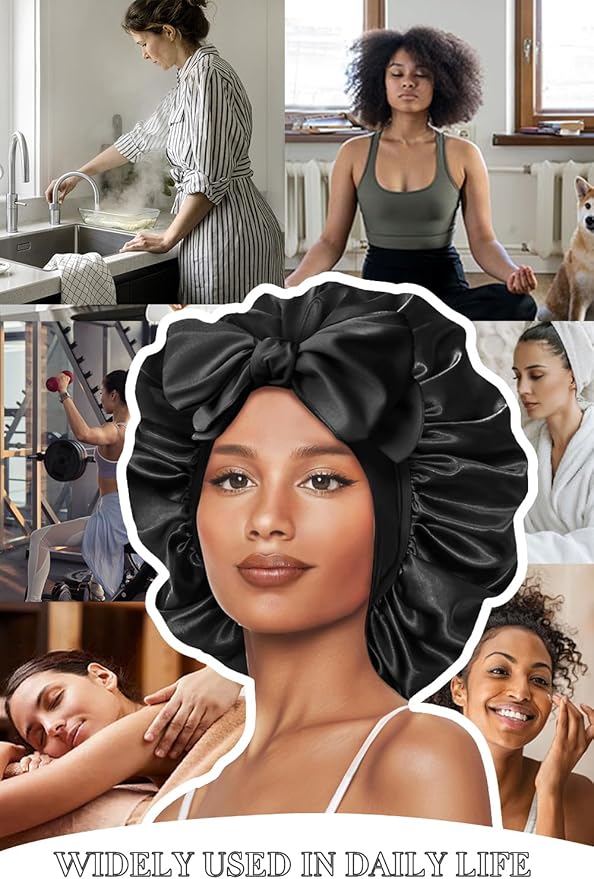 Double Layer Silk Bonnet with Tie Satin Lined Sleep Cap Hair Cover for Women's Curly Natural Hair