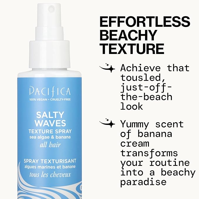 Pacifica Beauty, Salty Waves Texture Sea Salt Spray for Hair, Beachy Waves, Wavy Hair Products, Hydrating, Banana Scent, Curl Enhancing, Paraben Free, Sulfate Free, Vegan & Cruelty Free