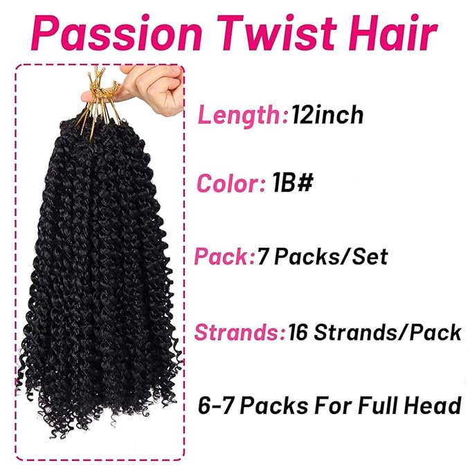 Dorsanee Passion Twist Hair 12 Inch 7 Packs Water Wave Crochet Hair Long Bohemian Curly Braiding Hair for Butterfly Locs, Faux Locs, Boho Style Spring Twist Crochet Braids (1B#)