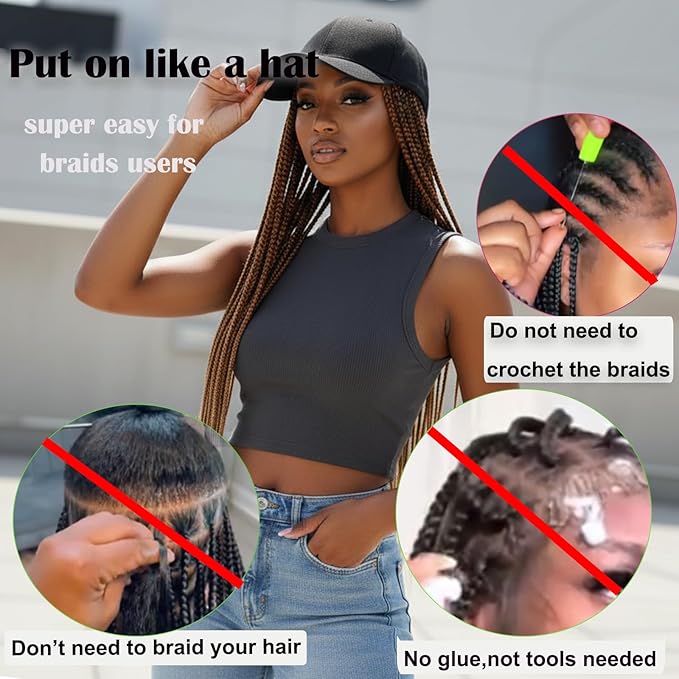 Hat Wig for Women Baseball Cap with Braided Hair Attached 24inch long Synthetic Box Braid Wig Hat Adjustable Cap with ombre brown blonde light blonde Braids for Daily Outdoor Use(B-70)