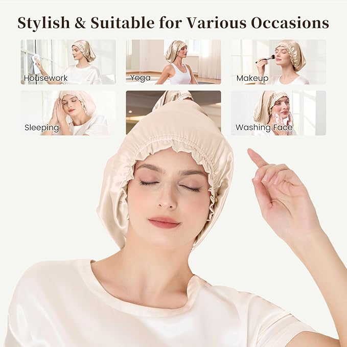 THXSILK 100% Mulberry Silk Bonnet for Sleeping Women, Silk Bonnet with Elastic Band, Hair Wrap Cap for Women Curly Hair, Champagne
