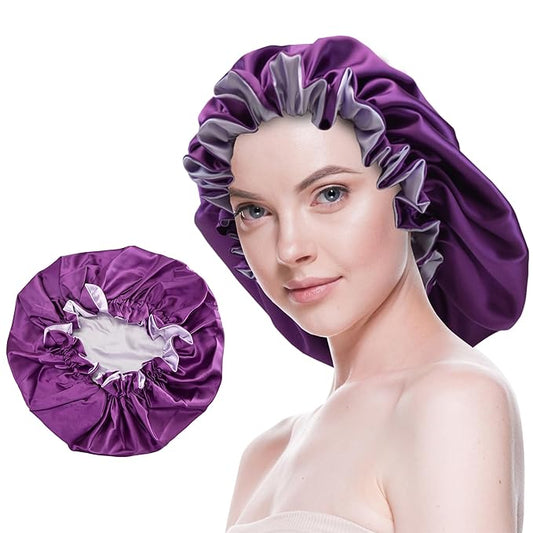 Silk Bonnet for Sleeping Satin Bonnets Double Layer Reversible Hair Cap Bonnet for Women Long Curly Braid Hair（Eggplant）