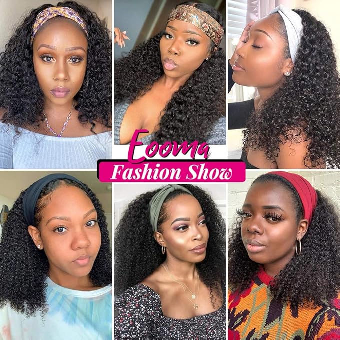 Eooma Glueless Wigs Human Hair Headband Wig Human Hair Half Wig for Black Women (18 inch) Briazilian Curly Scarf Wig No Gel Remy Hair None Lace Front Machine Made Wigs Human Hair
