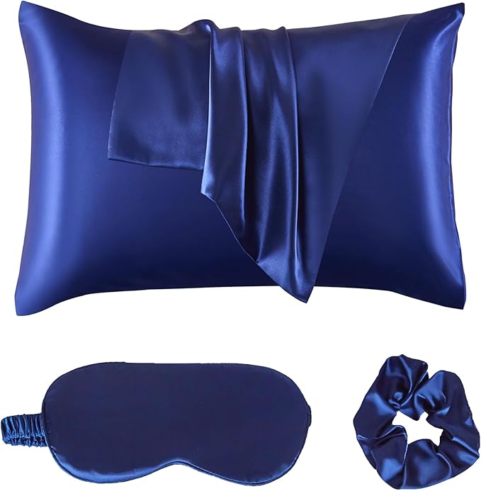 Satin Pillowcase for Hair and Skin, Soft and Cooling Vegan Silk Sleep Set-2 Satin Pillow Cases Queen Size, 1 Eye Mask, 1 Scrunchie, Self Care Essential Satin Night Routine Kit, Navy Blue