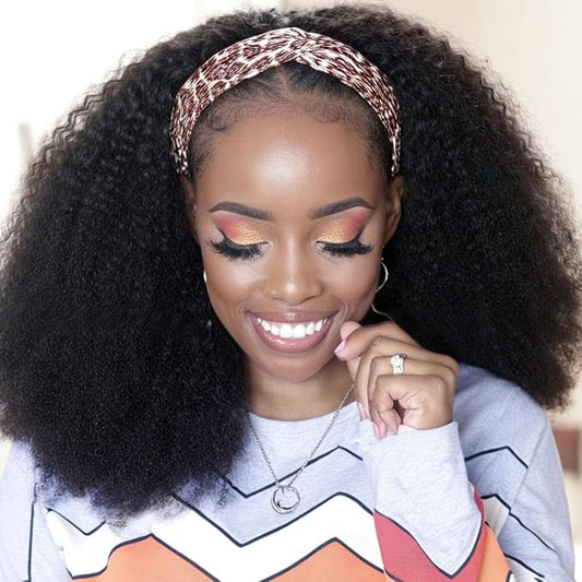 XSY Curly Headband Wig Human Hair 14 Inch Kinky Curly Headband Wigs for Black Women None Lace Front Wig 150% Density Natural Black Color