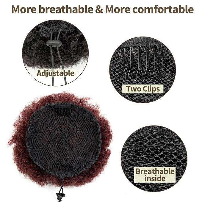 isheeny Medium Human Hair Ponytail Extension For Black Women, Real Human Hair Drawstring Ponytail Hair Extensions 99J For Little Girls, Curly Hairpiece, Soft, And Durable For Repeated Use